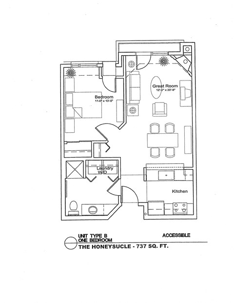 A floor plan of a home with a laundry room and a honeysuckle unit type B.